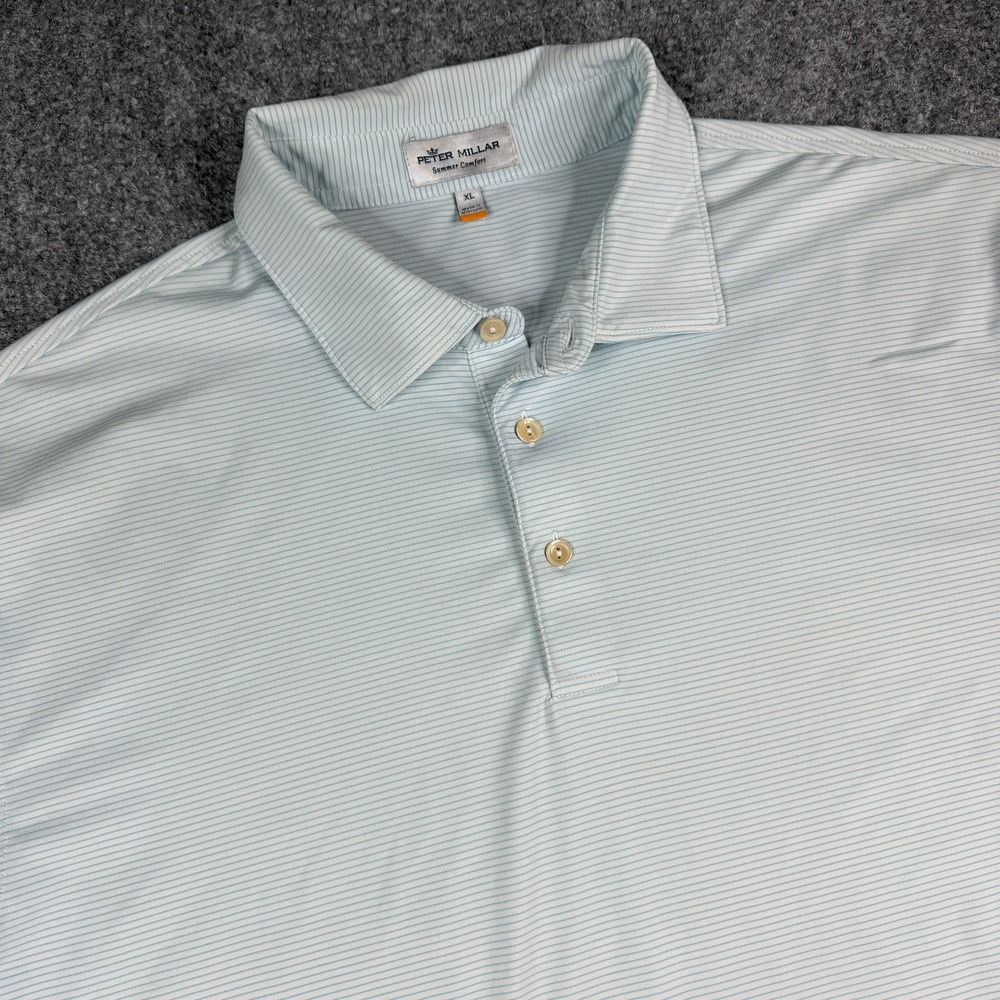Peter Millar Summer Comfort Polo Shirt Mens XL Blue White Stripe Golf Logos Flaw